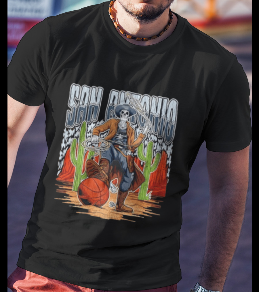San Antonio Skeleton Cowboy With Basketball And Cactus Scene T-Shirt