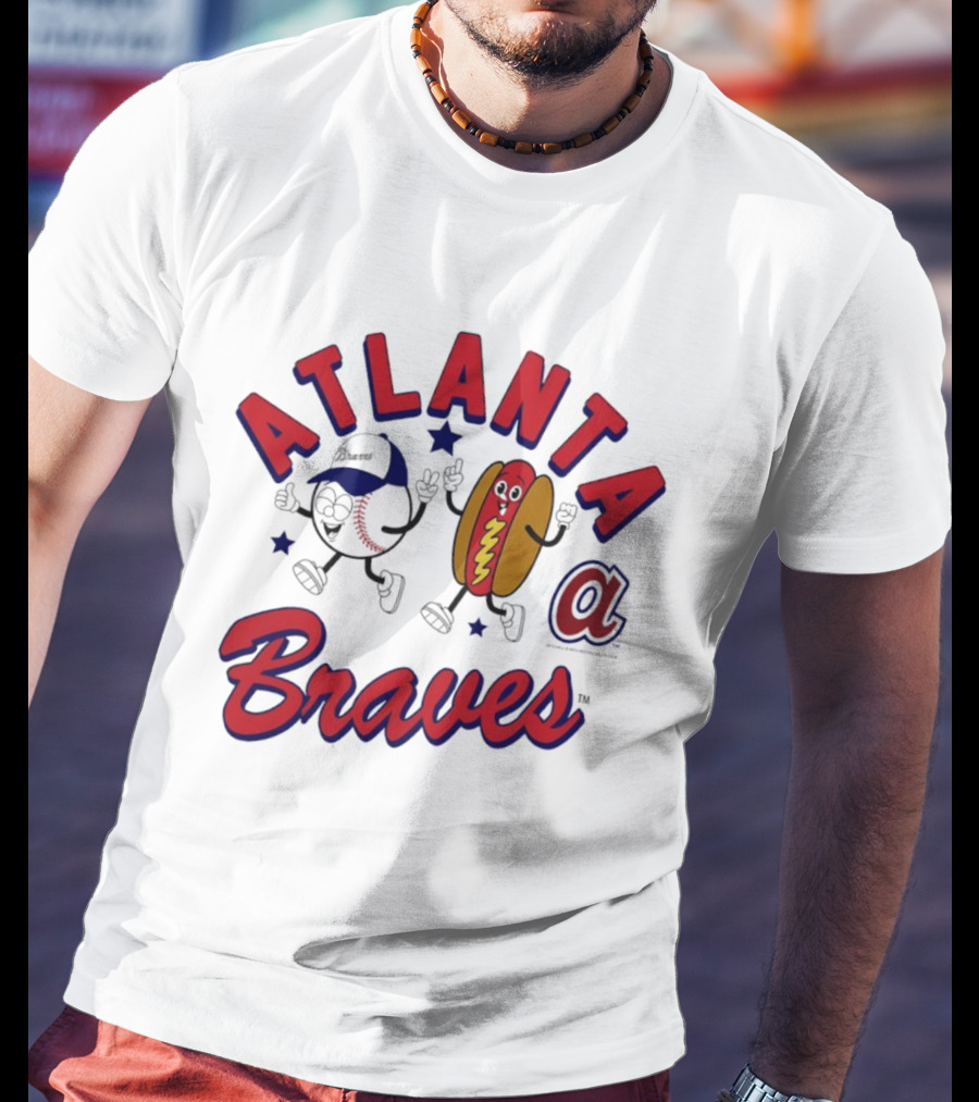 Atlanta Braves Baseball Character With Hot Dog Snack And Team Spirit T-Shirt