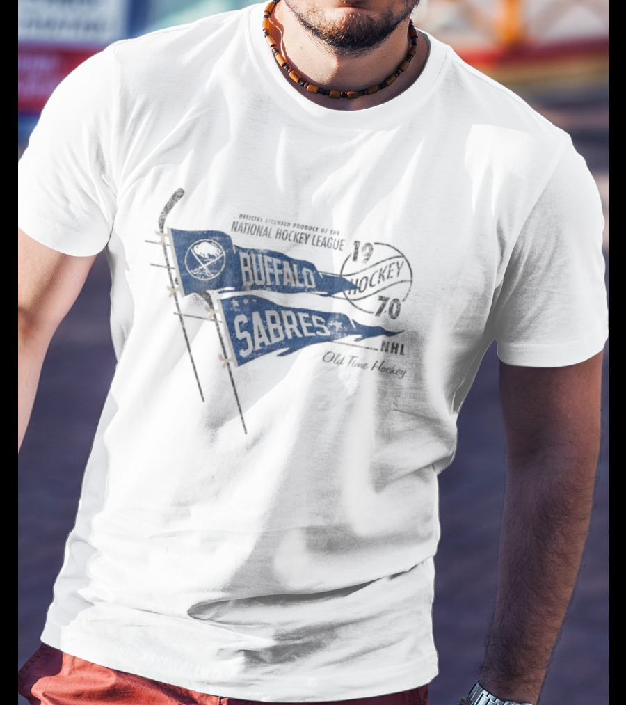 Buffalo Sabres 1970 Old Time Hockey Crossed Hockey Sticks Pennants Navy Blue T-Shirt
