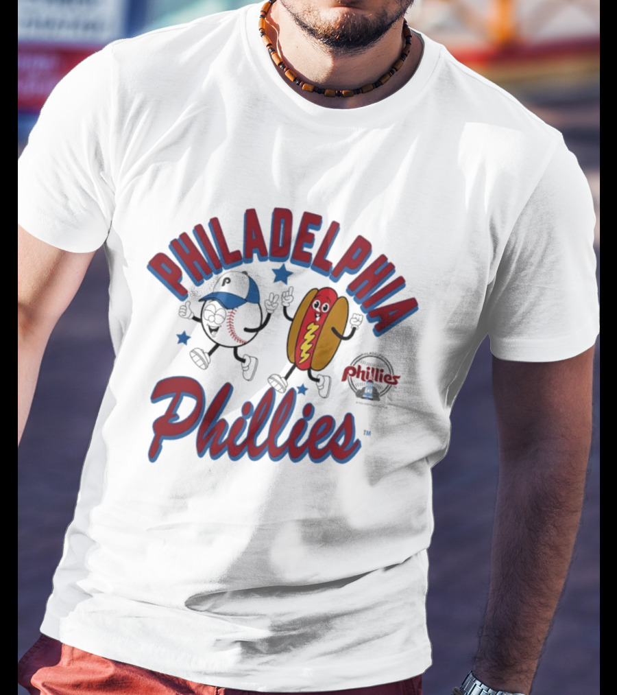 Philadelphia Phillies Baseball Hot Dog And Cartoon Characters T-Shirt