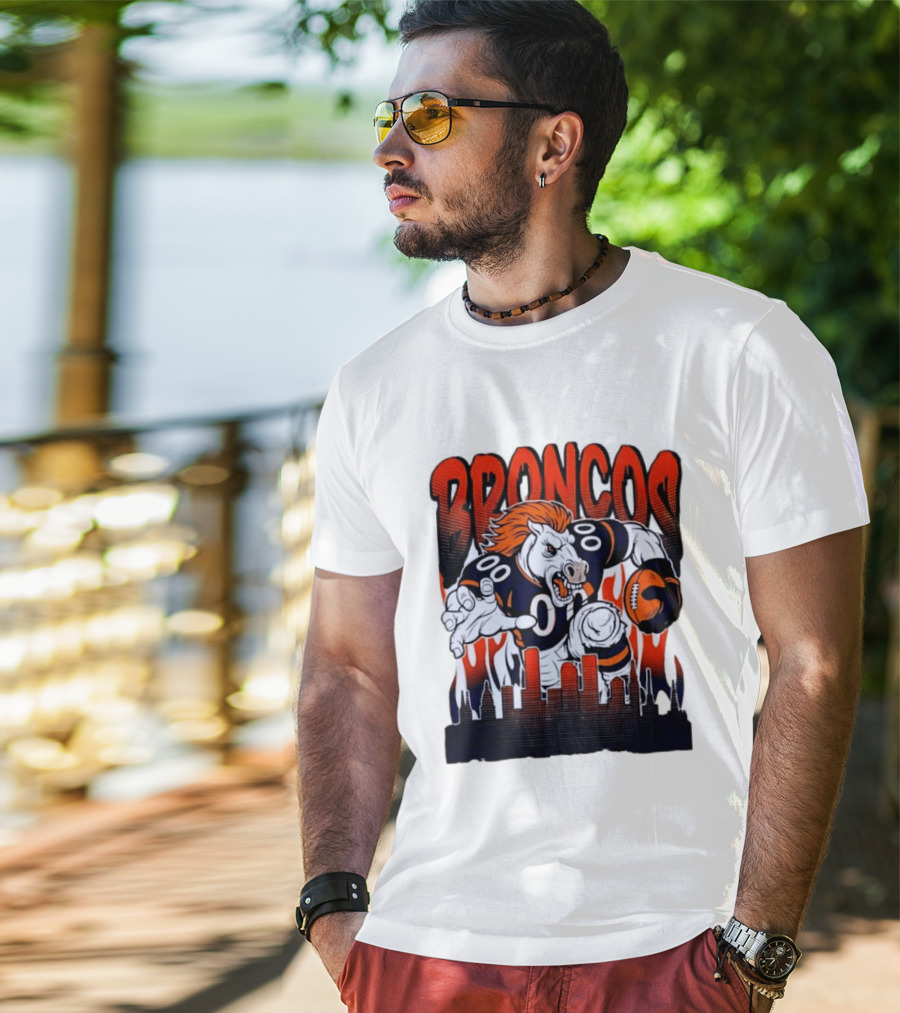 Denver Broncos Football Bronco Running Horse Skyline T-Shirt