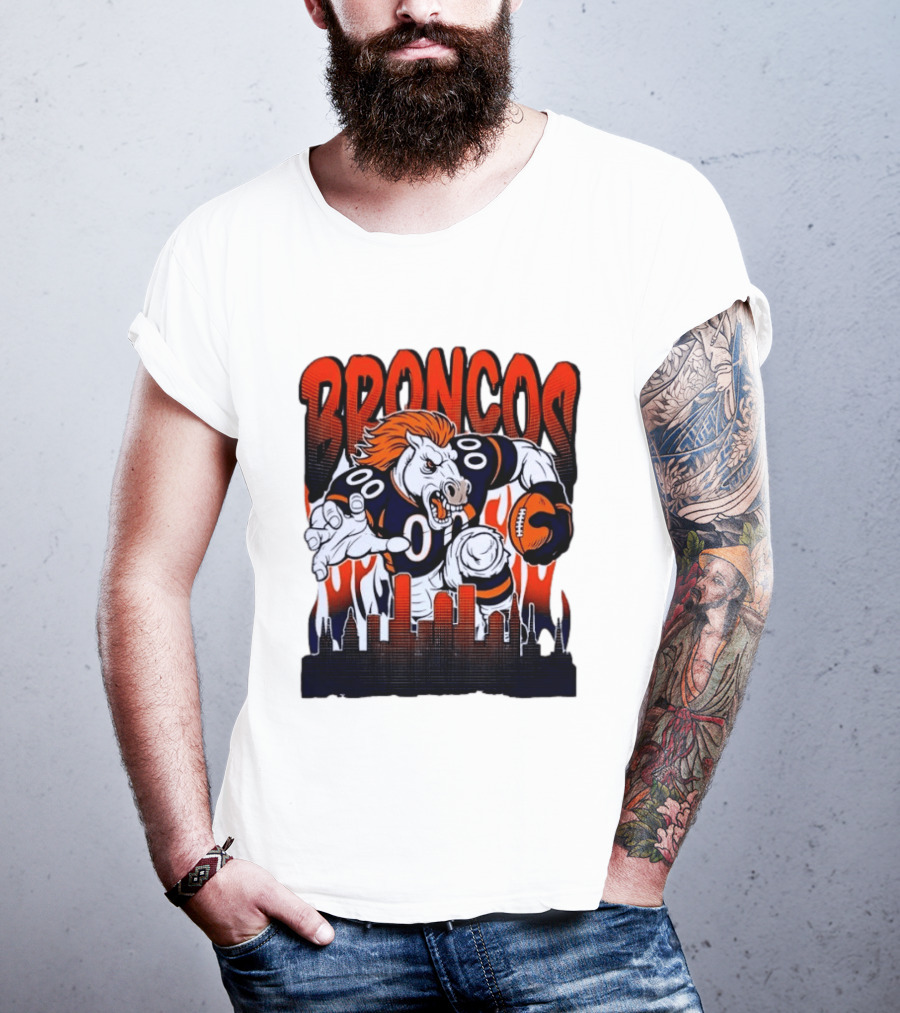 Denver Broncos Football Bronco Running Horse Skyline T-Shirt