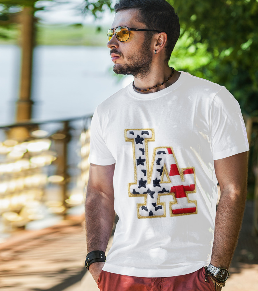 Dodgers LA 250th Anniversary Stars And Stripes Gold Trim Patch T-Shirt