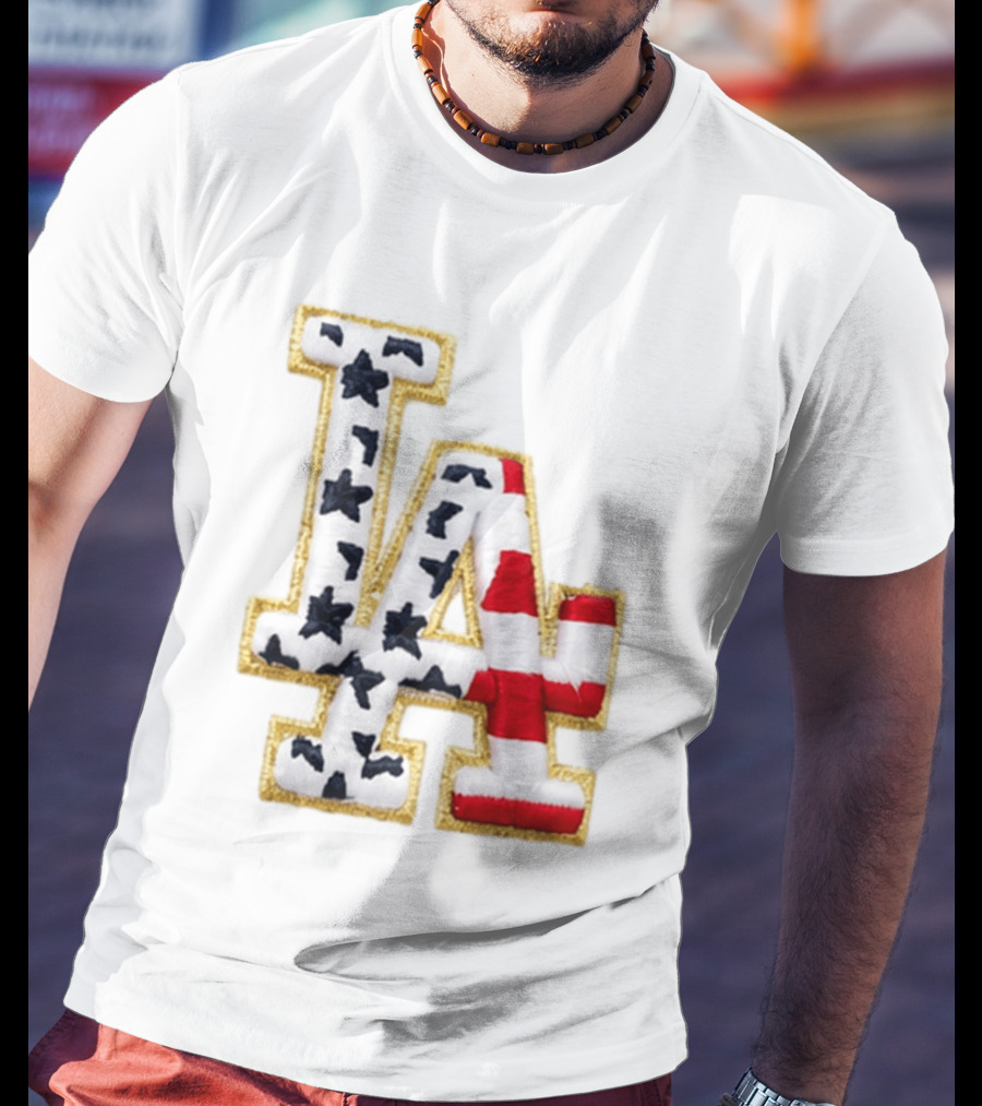 Dodgers LA 250th Anniversary Stars And Stripes Gold Trim Patch T-Shirt