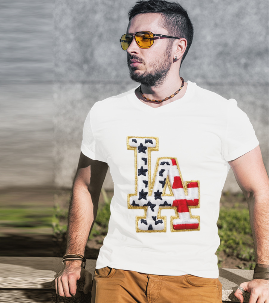 Dodgers LA 250th Anniversary Stars And Stripes Gold Trim Patch T-Shirt