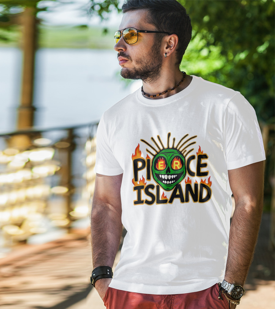 Pierce Island Green Skull Flames Spooky Island T-Shirt