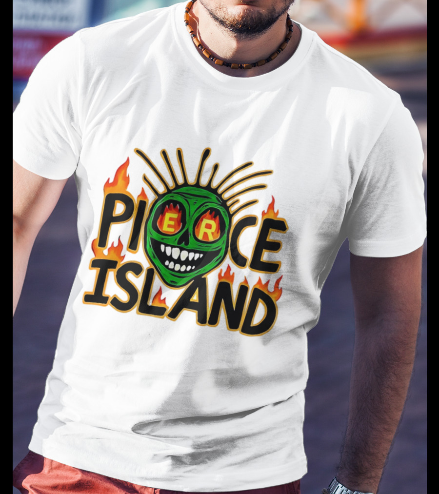 Pierce Island Green Skull Flames Spooky Island T-Shirt
