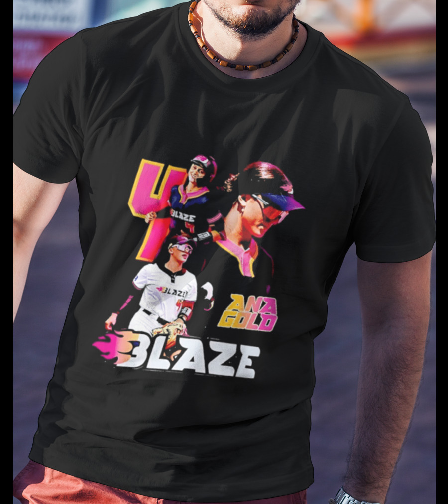 Blaze Ana Gold Softball Player Number 4 Action Collage T-Shirt
