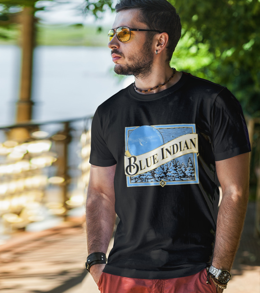 Blue Indian Moon Forest Nature Pine Trees Winter Scene T-Shirt