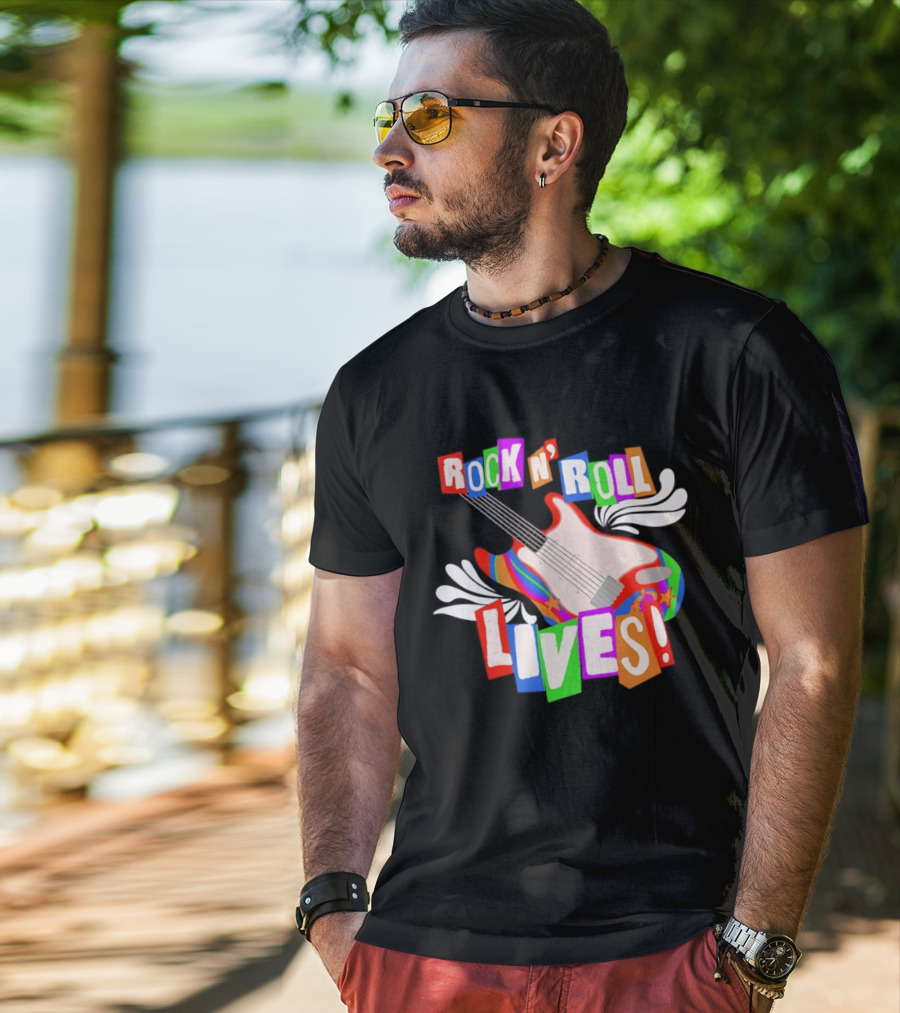 Rock N' Roll Lives Colorful Electric Guitar T-Shirt