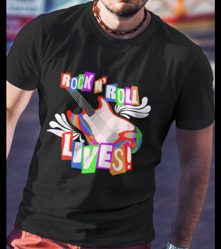 Rock N' Roll Lives Colorful Electric Guitar T-Shirt