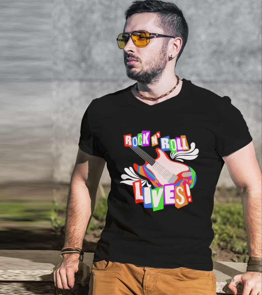 Rock N' Roll Lives Colorful Electric Guitar T-Shirt