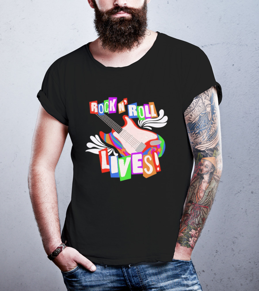 Rock N' Roll Lives Colorful Electric Guitar T-Shirt