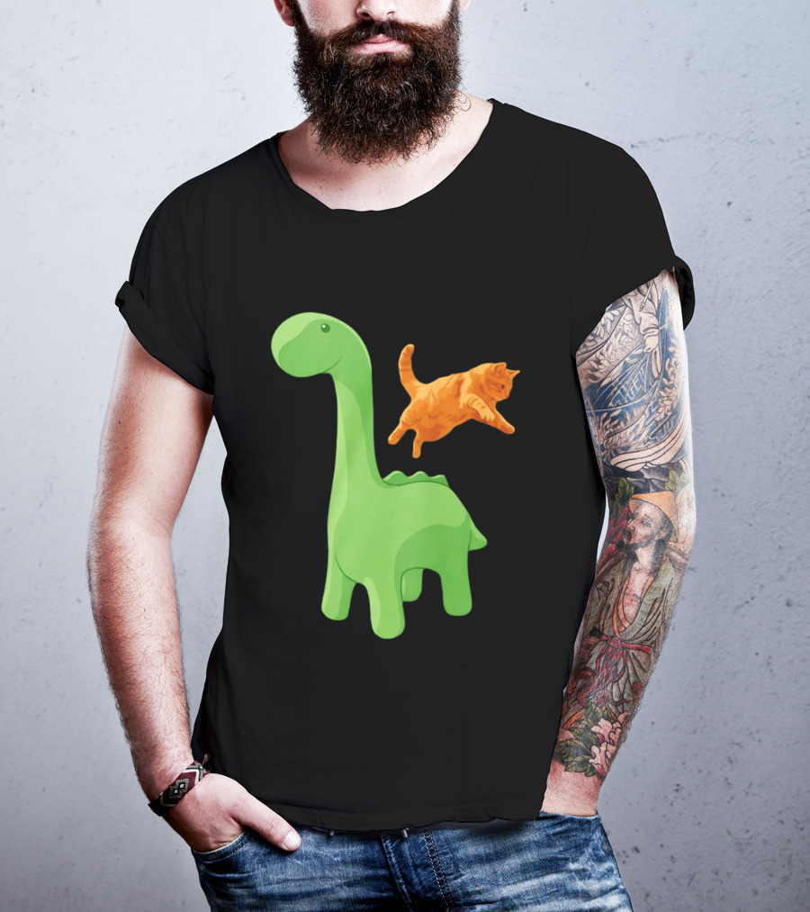Cat Jumping Over Green Dinosaur Cartoon Image T-Shirt