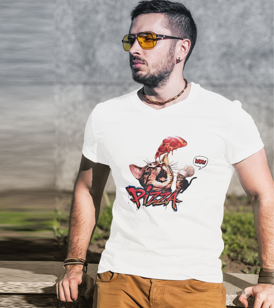 Pizza Cat Wow Chef Graffiti Culinary Delight T-Shirt