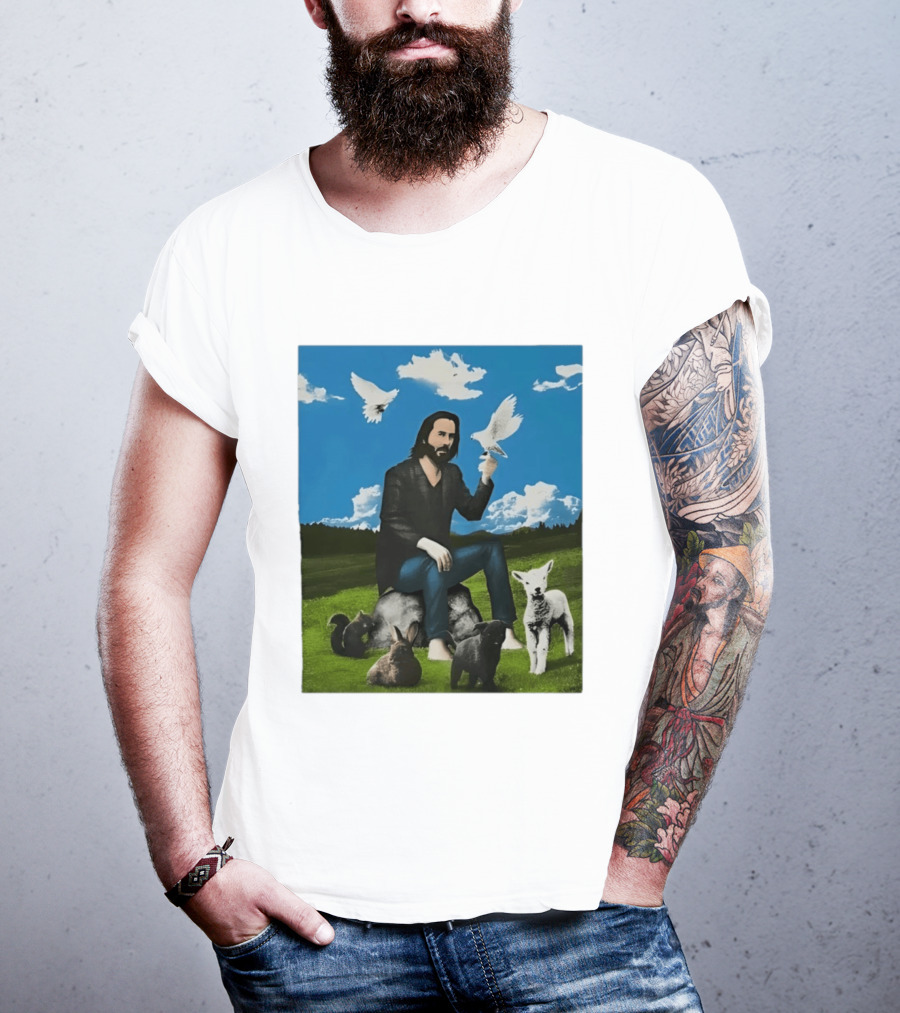 Keanu Reeves Peaceful Meadow With Animals And Doves T-Shirt