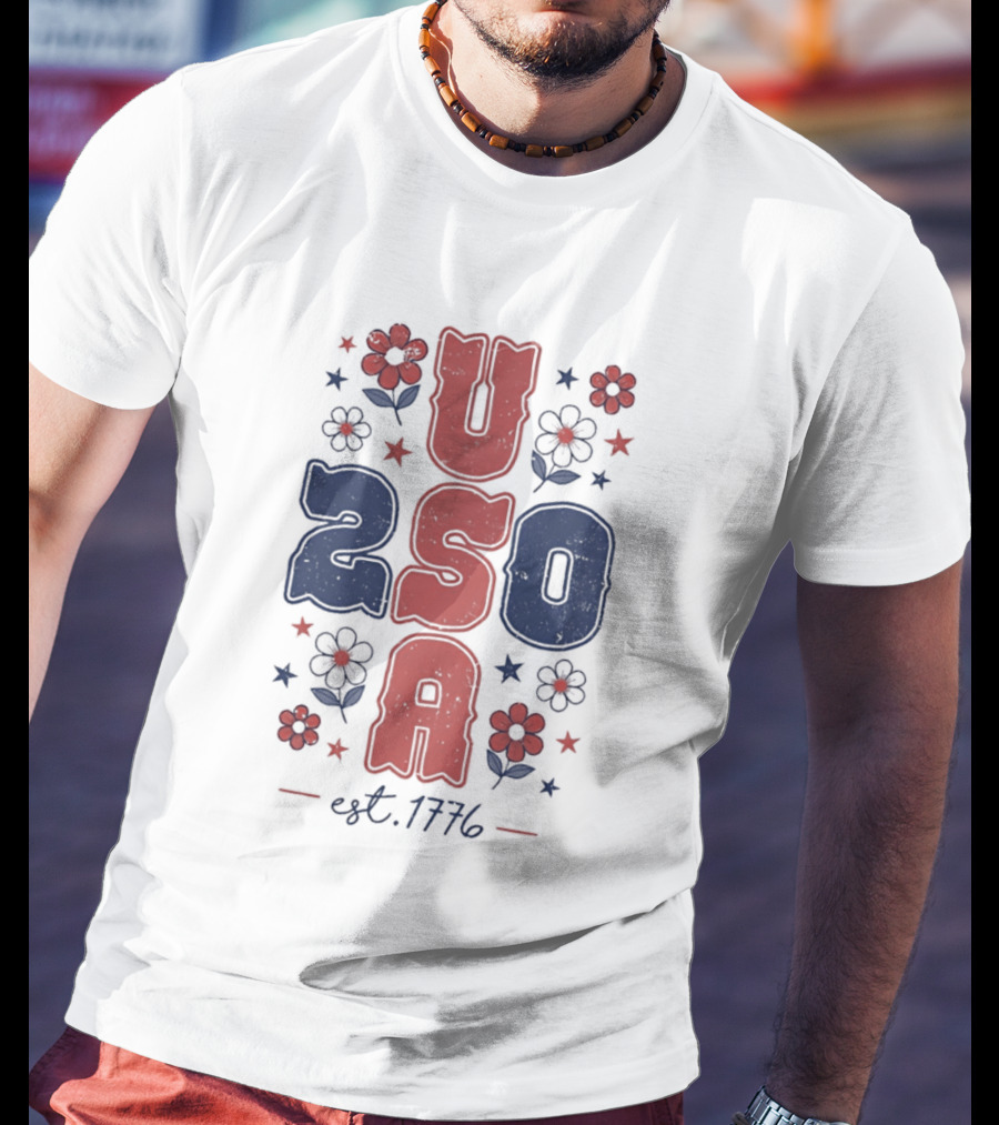 USA 250 Est 1776 American Patriotic Floral Stars Independence Day T-Shirt