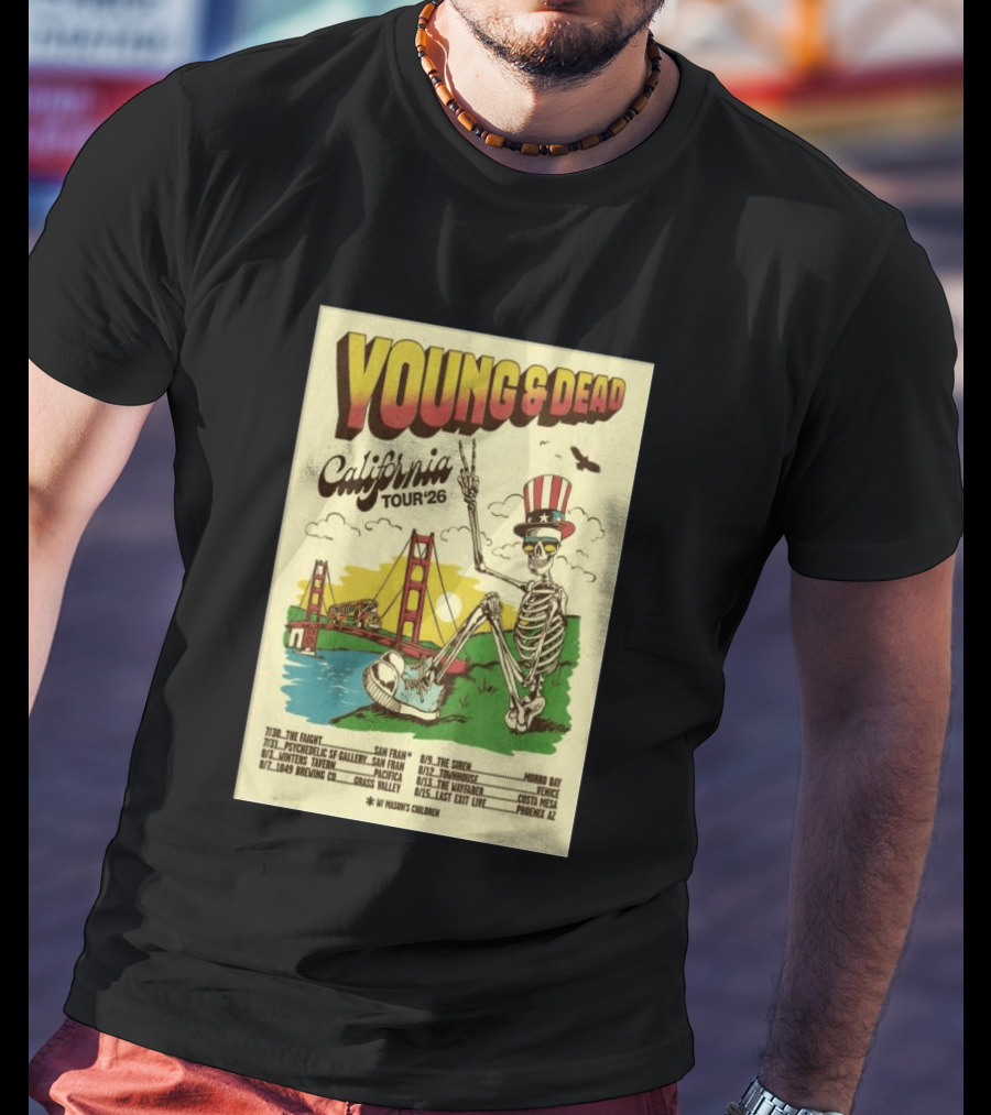 Young And Dead California Tour 2026 Vintage Skeleton Golden Gate Bridge T-Shirt