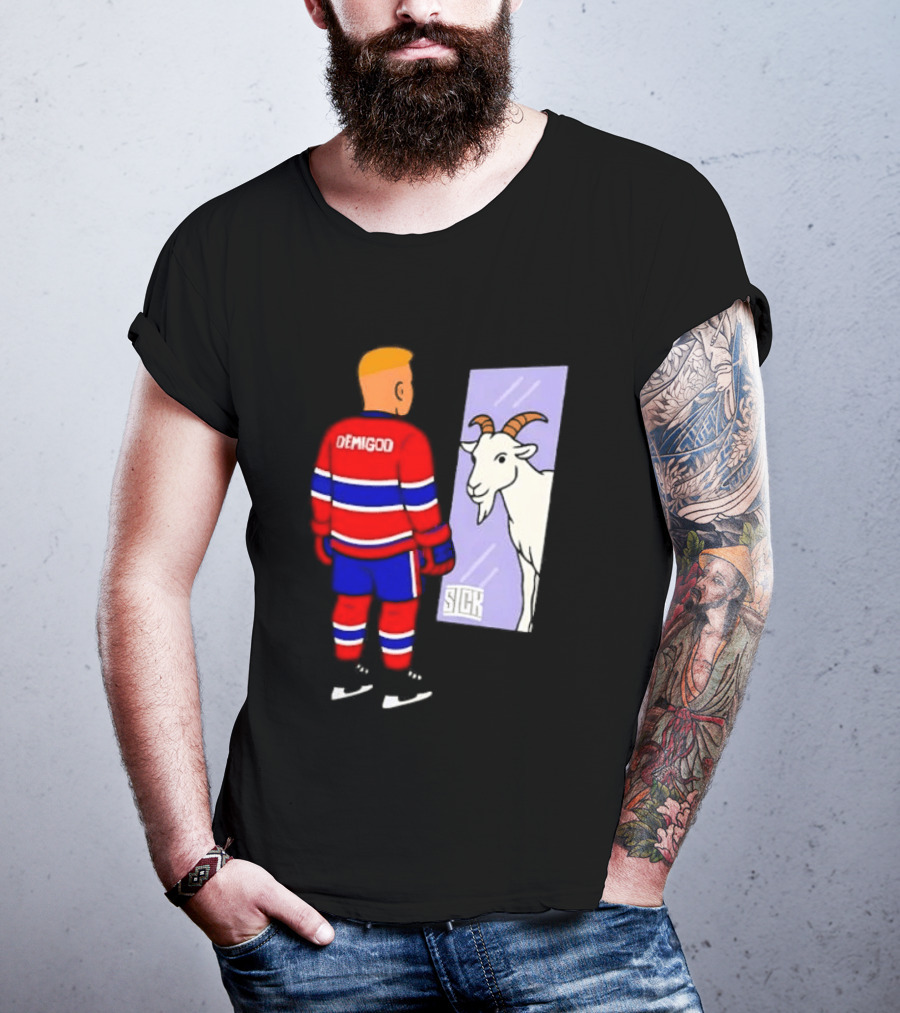 Demigod Hockey Player Looking In Mirror With Goat Reflection T-Shirt