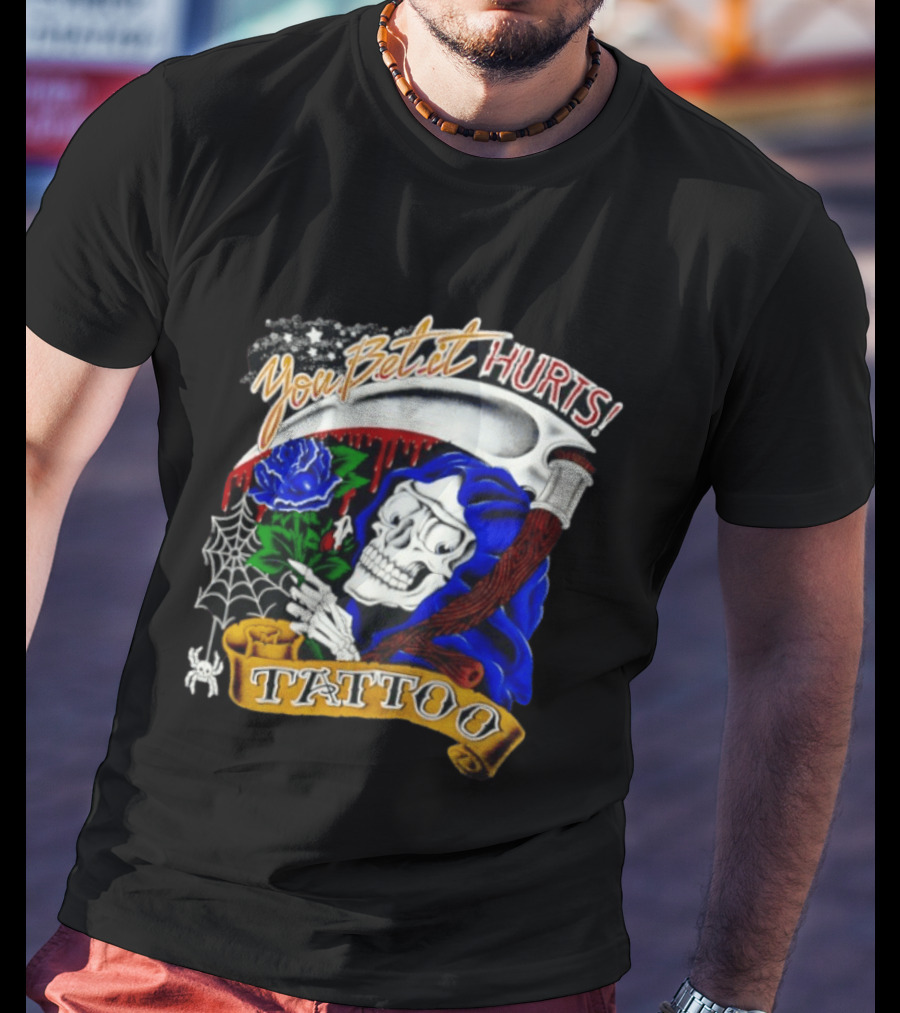 You Bet It Hurts Skeleton Rose Tattoo Spider Web T-Shirt