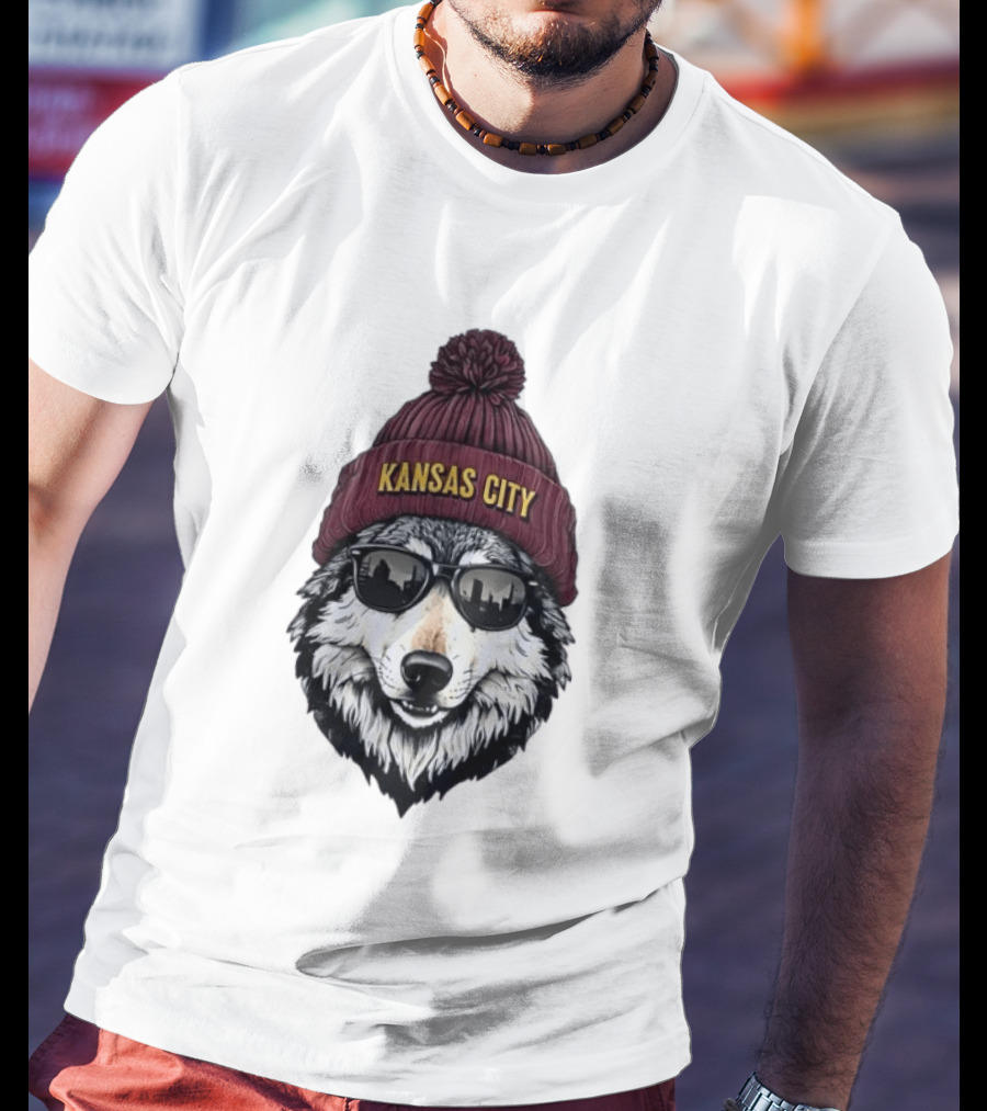 Kansas City Wolf Beanie Sunglasses Cityscape T-Shirt