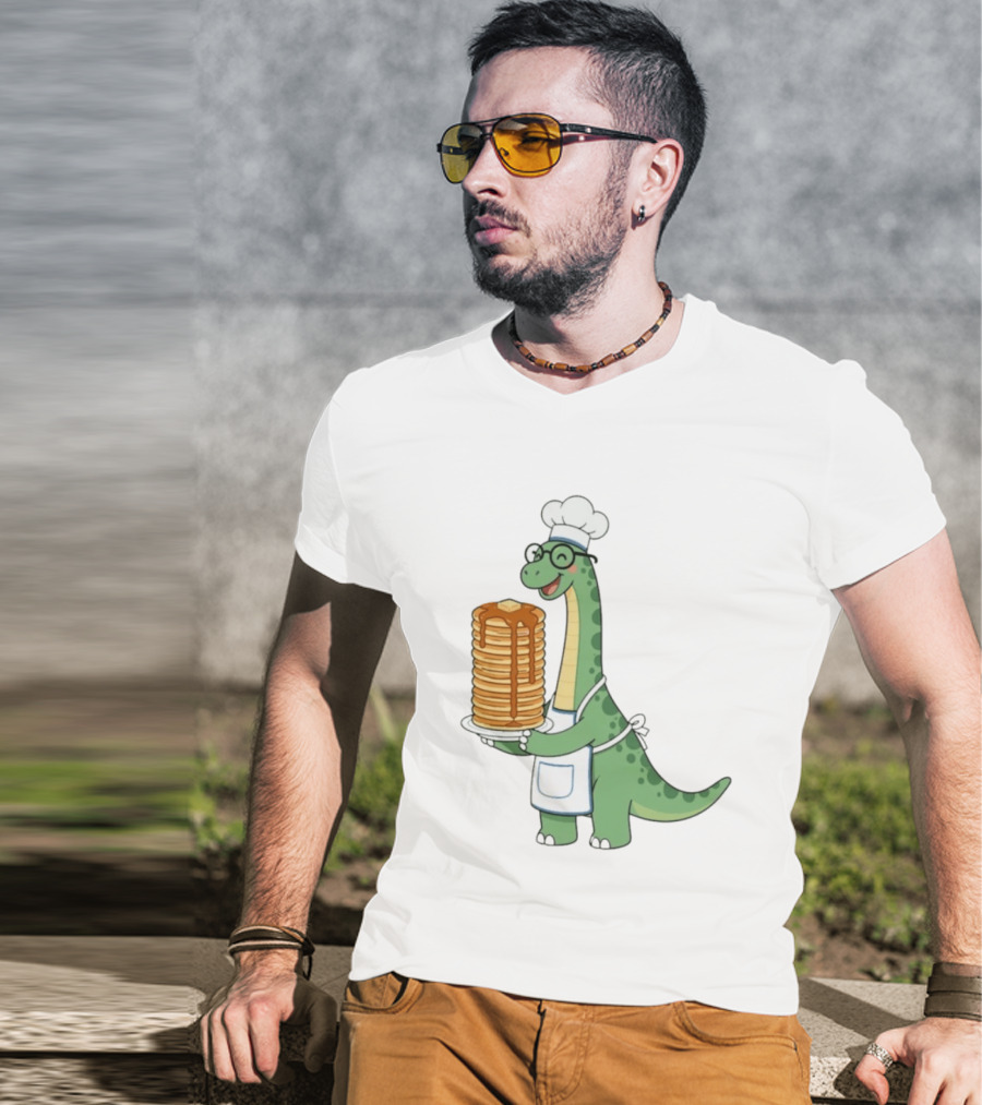 Chef Dinosaur With Towering Pancakes And A Smile T-Shirt