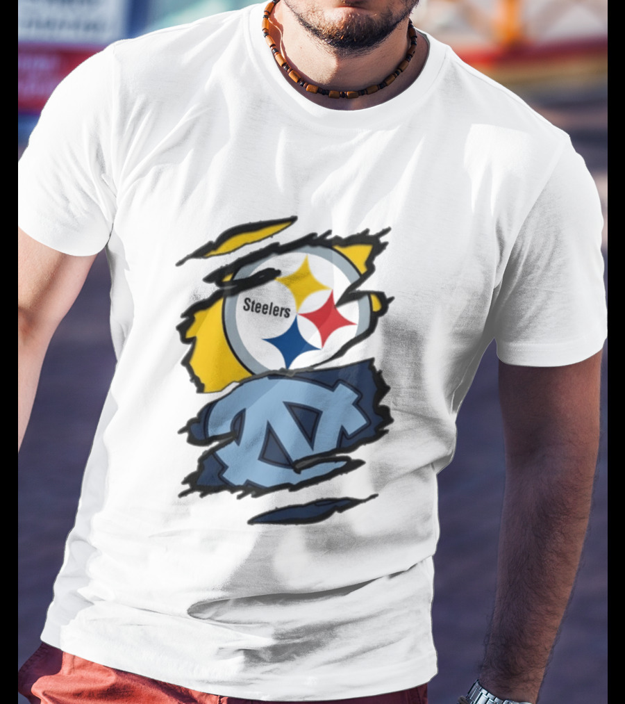 Pittsburgh Steelers UNC Tar Heels Ripped Metal Effect Logo Fusion T-Shirt