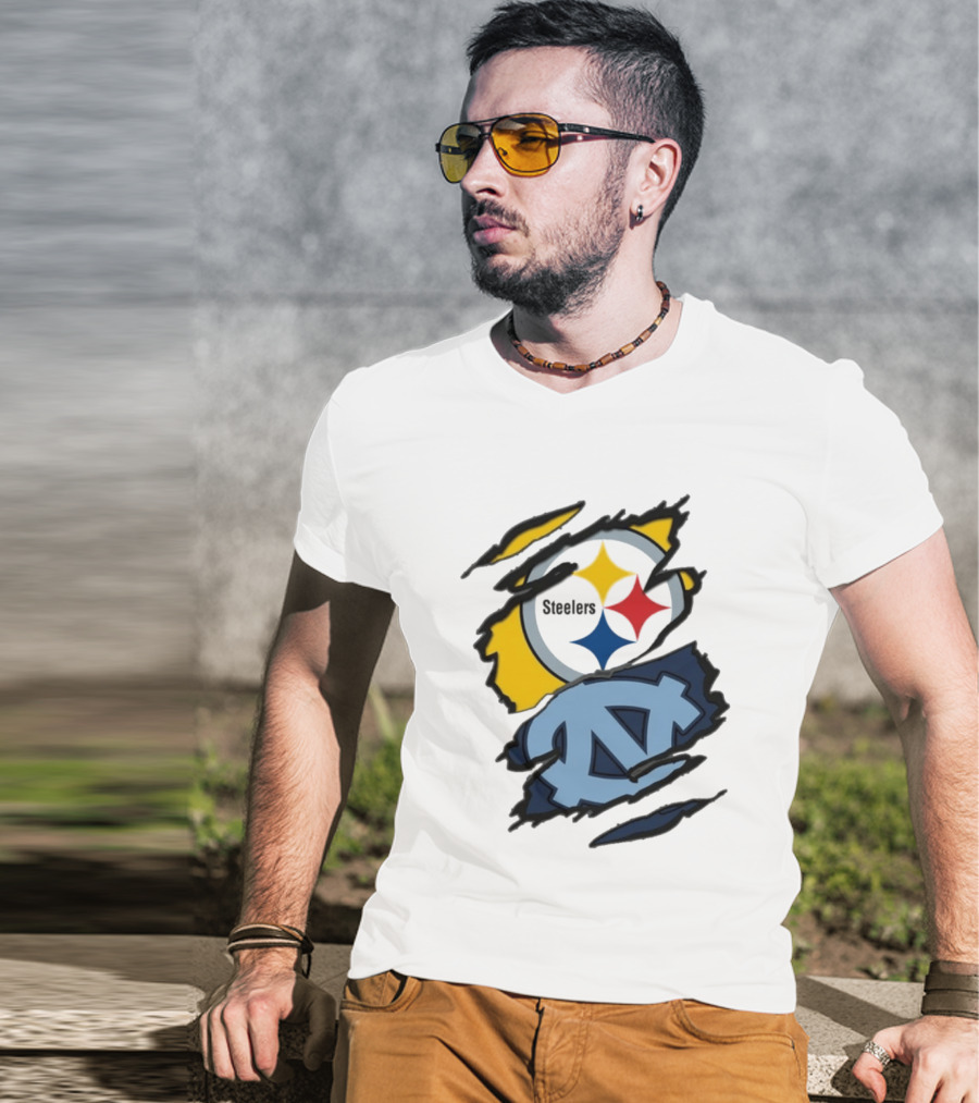 Pittsburgh Steelers UNC Tar Heels Ripped Metal Effect Logo Fusion T-Shirt