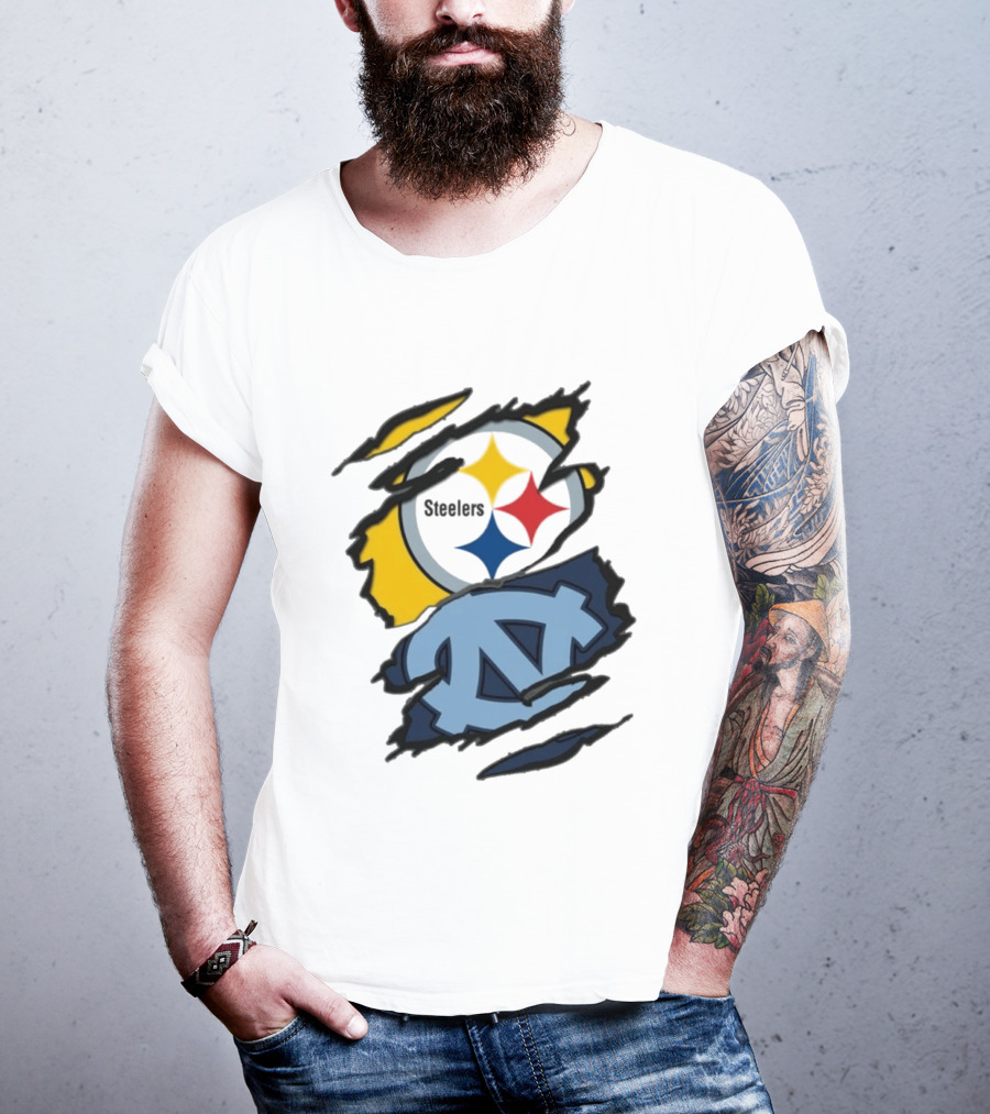 Pittsburgh Steelers UNC Tar Heels Ripped Metal Effect Logo Fusion T-Shirt