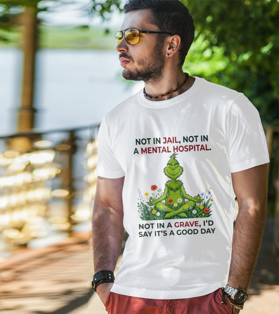 Grinch Not In Jail Not In A Mental Hospital Not In A Grave Meditation Good Day T-Shirt