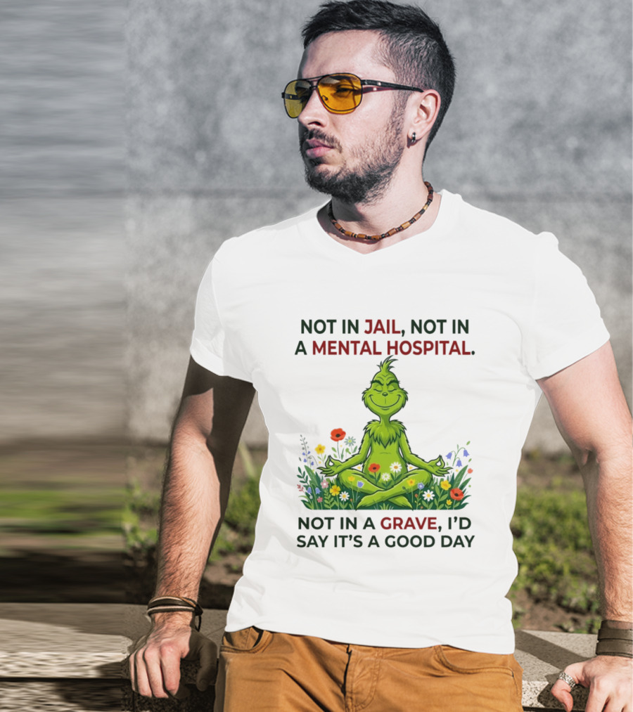 Grinch Not In Jail Not In A Mental Hospital Not In A Grave Meditation Good Day T-Shirt