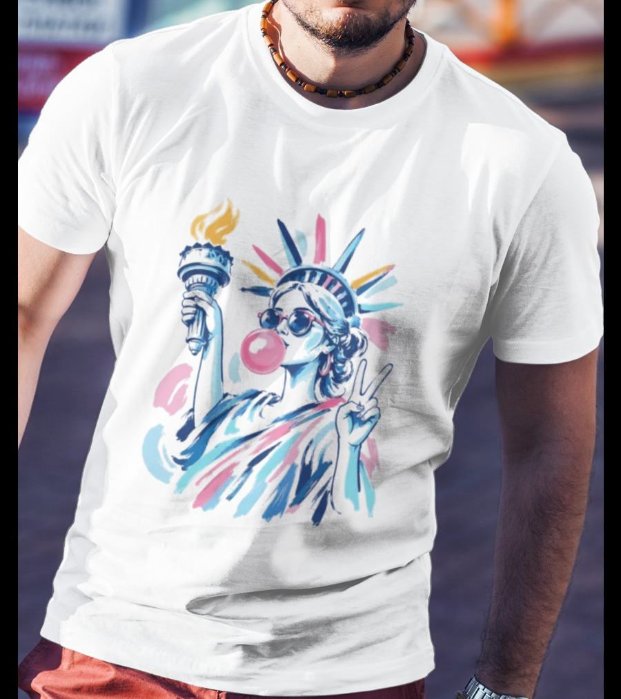 Statue Of Liberty Bubblegum Peace Sign USA Landmark T-Shirt