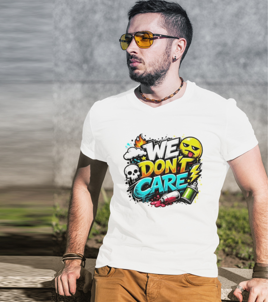 We Don't Care Graffiti Emojis Fire Cloud Lightning Skull T-Shirt