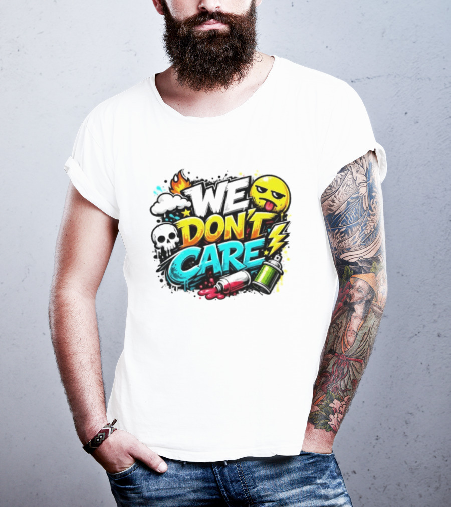 We Don't Care Graffiti Emojis Fire Cloud Lightning Skull T-Shirt