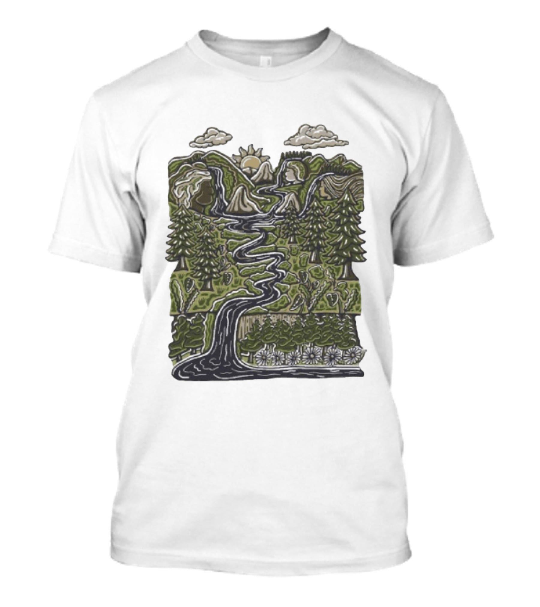 Nature Backs Forest Scene With River Trees Mountains Sun And Clouds T-Shirt
