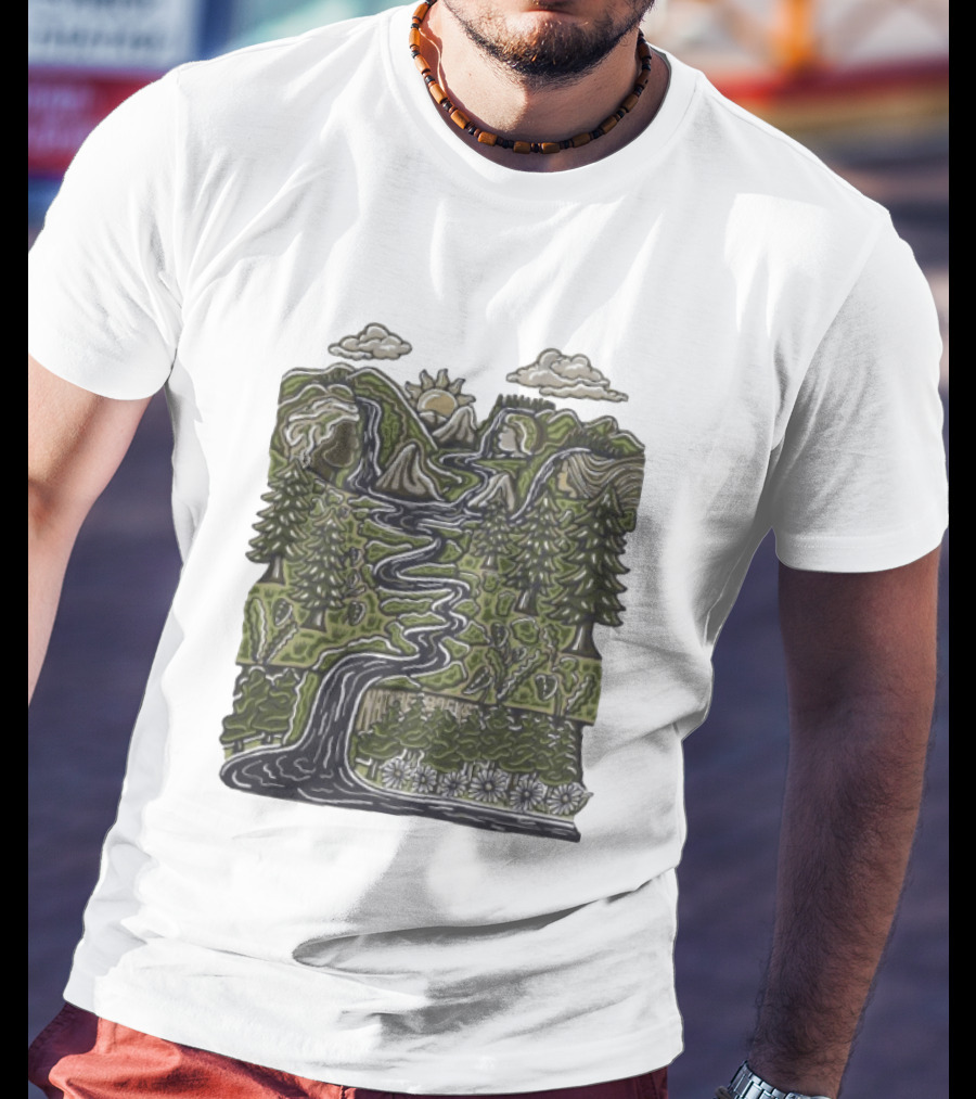 Nature Backs Forest Scene With River Trees Mountains Sun And Clouds T-Shirt
