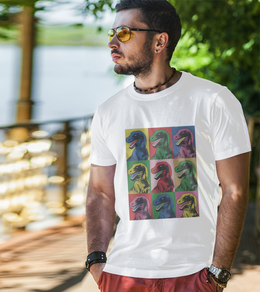 T Rex Pop Dinosaur Multi Colored Grid Prehistoric Reptile Andy Warhol T-Shirt