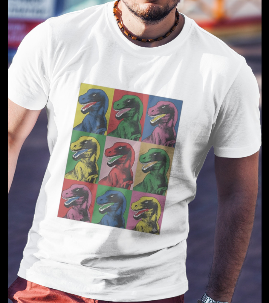 T Rex Pop Dinosaur Multi Colored Grid Prehistoric Reptile Andy Warhol T-Shirt