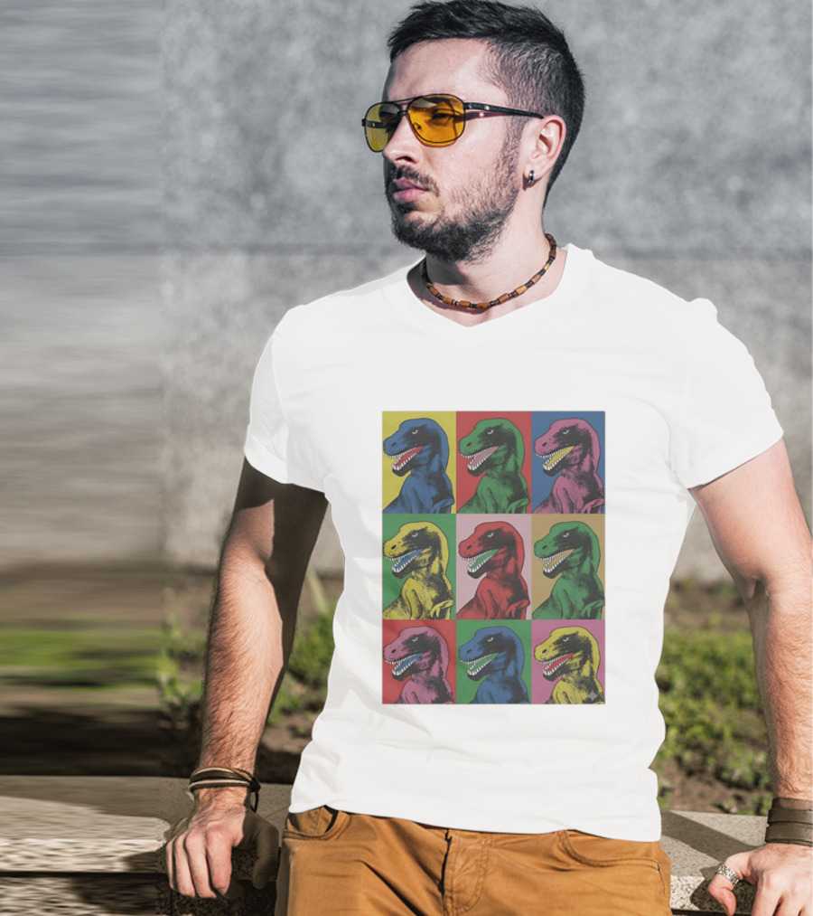 T Rex Pop Dinosaur Multi Colored Grid Prehistoric Reptile Andy Warhol T-Shirt