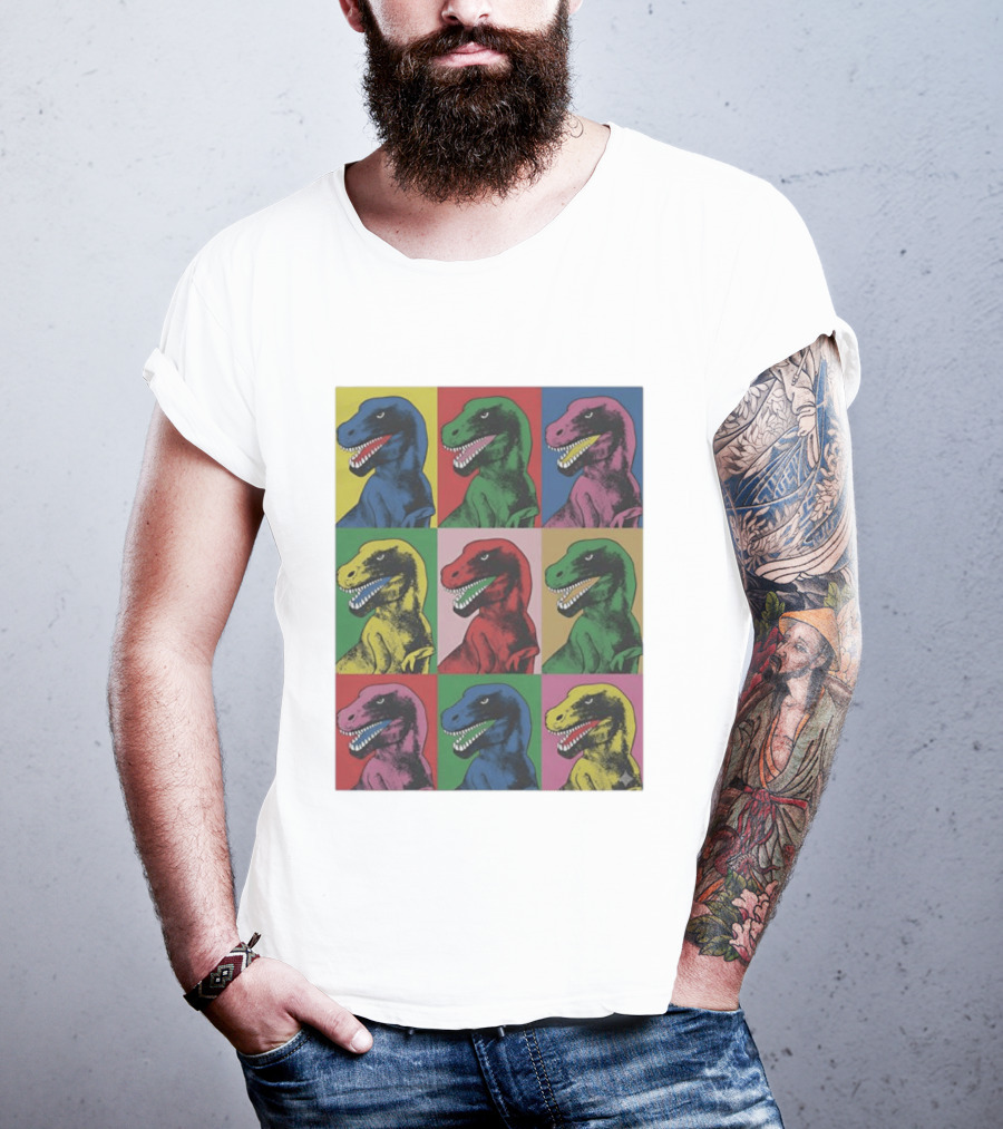 T Rex Pop Dinosaur Multi Colored Grid Prehistoric Reptile Andy Warhol T-Shirt