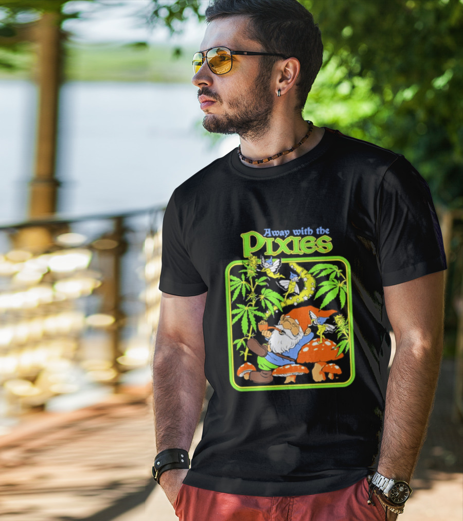 Away With The Pixies Gnome Smoking Cannabis Mushroom Fantasy Scene T-Shirt