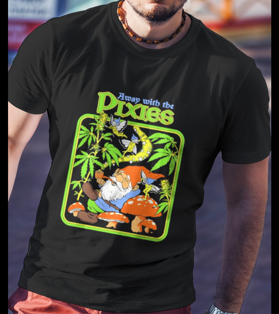 Away With The Pixies Gnome Smoking Cannabis Mushroom Fantasy Scene T-Shirt