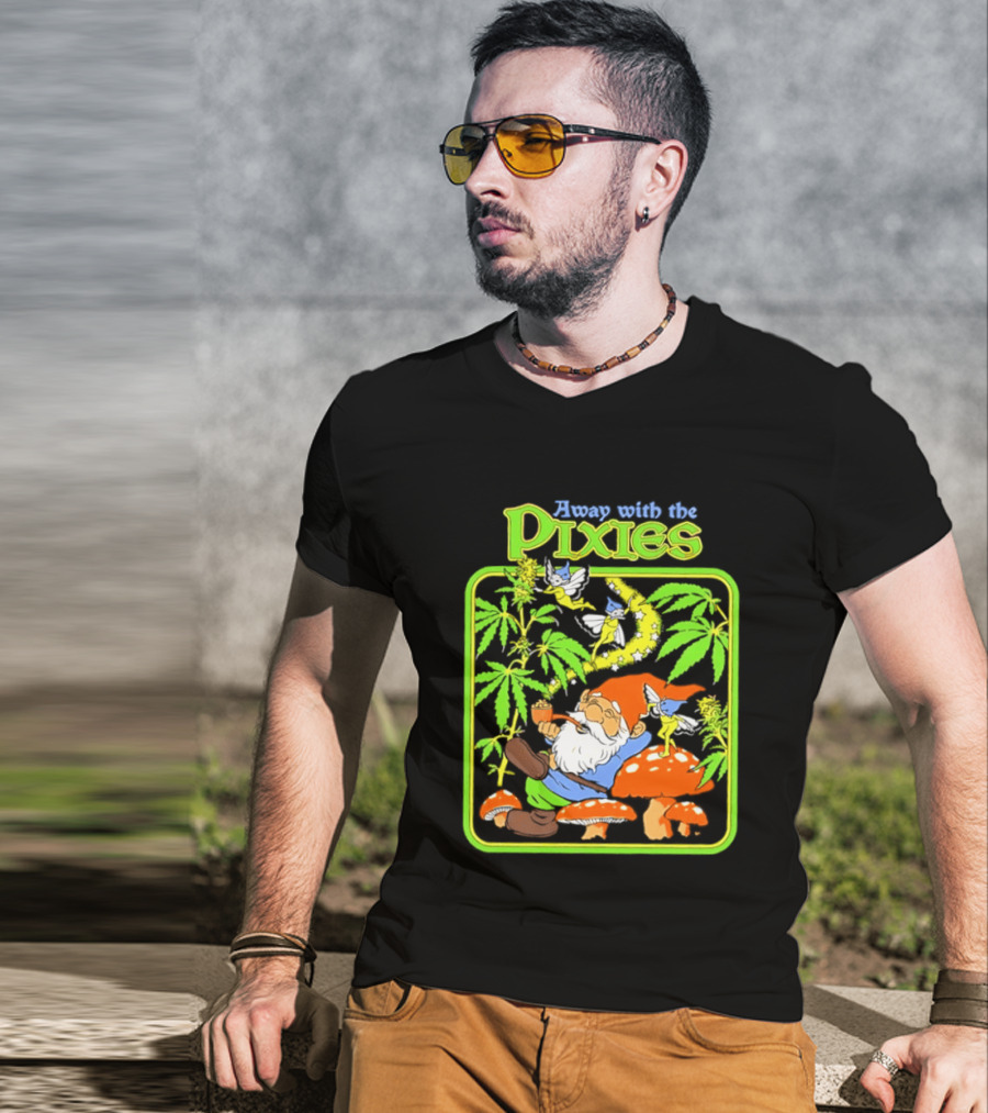 Away With The Pixies Gnome Smoking Cannabis Mushroom Fantasy Scene T-Shirt