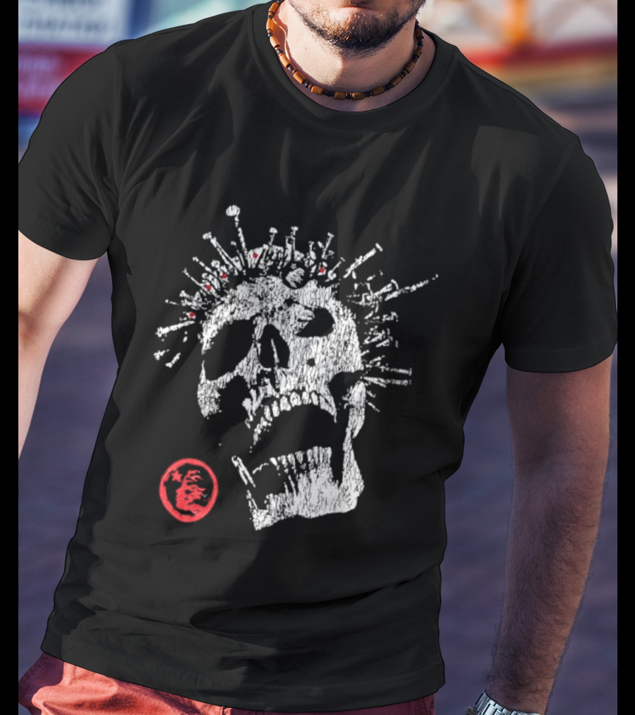Screaming Skull Punk Spikes Flaming Face Unleashed Fury 2026 Collection Distressed T-Shirt