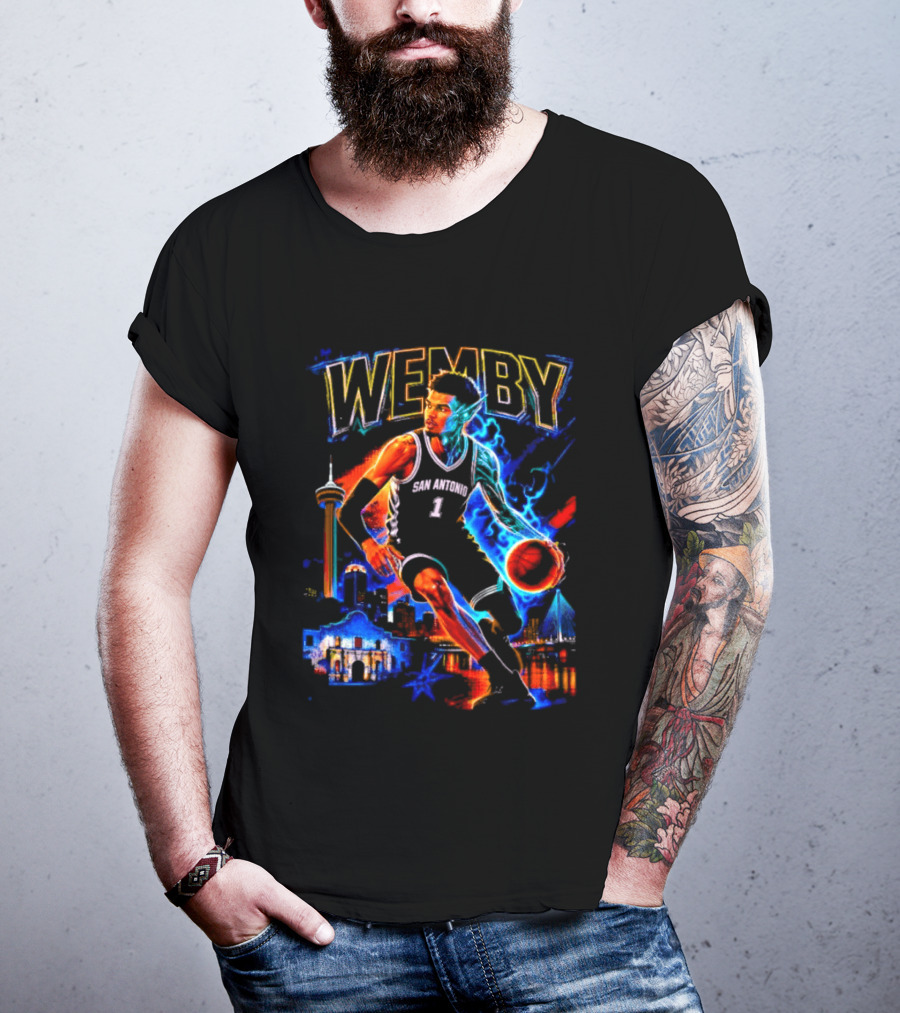 Wemby San Antonio Spurs Basketball Player Half Alien City Skyline T-Shirt