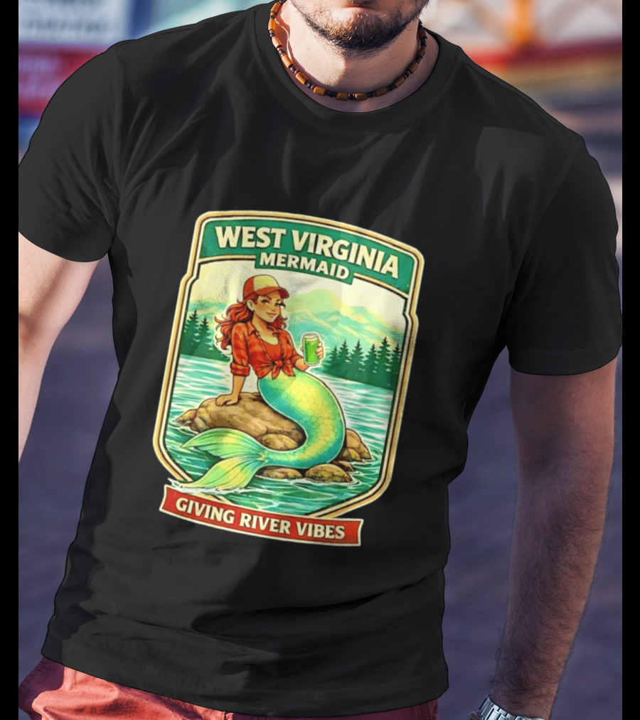 West Virginia Mermaid Giving River Vibes Green Tail Red Hat T-Shirt