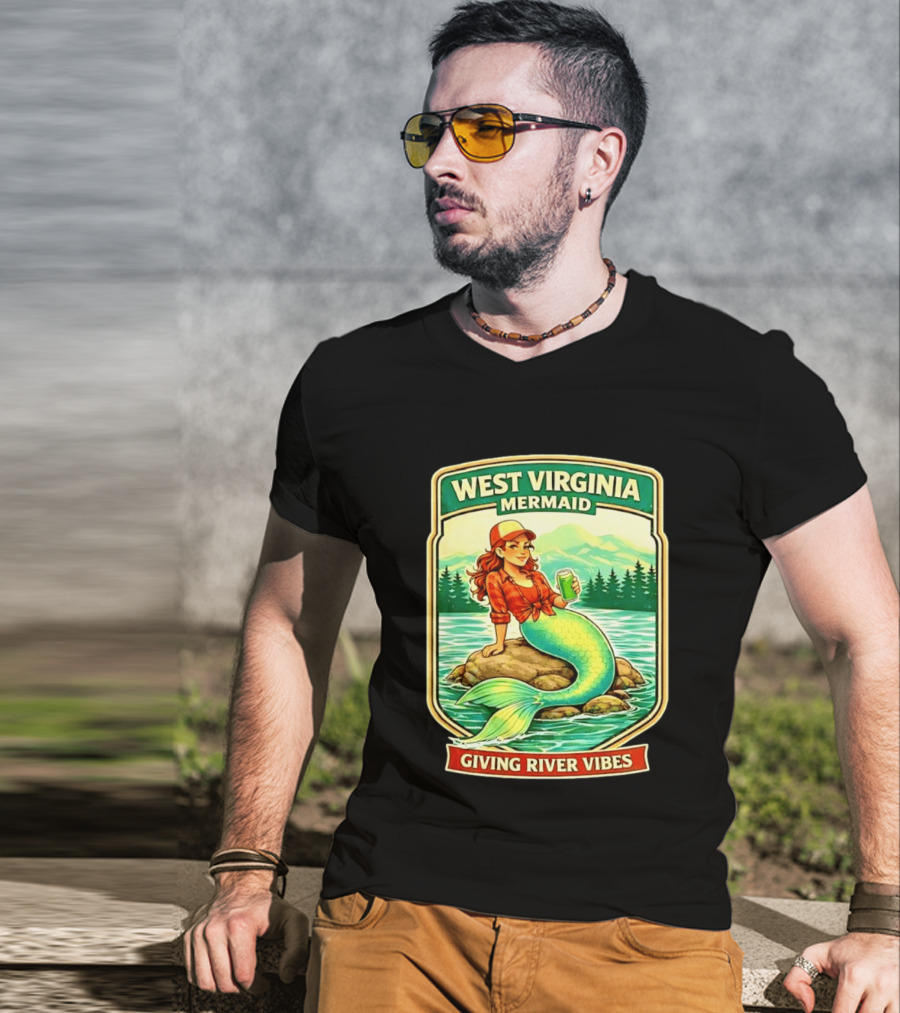 West Virginia Mermaid Giving River Vibes Green Tail Red Hat T-Shirt