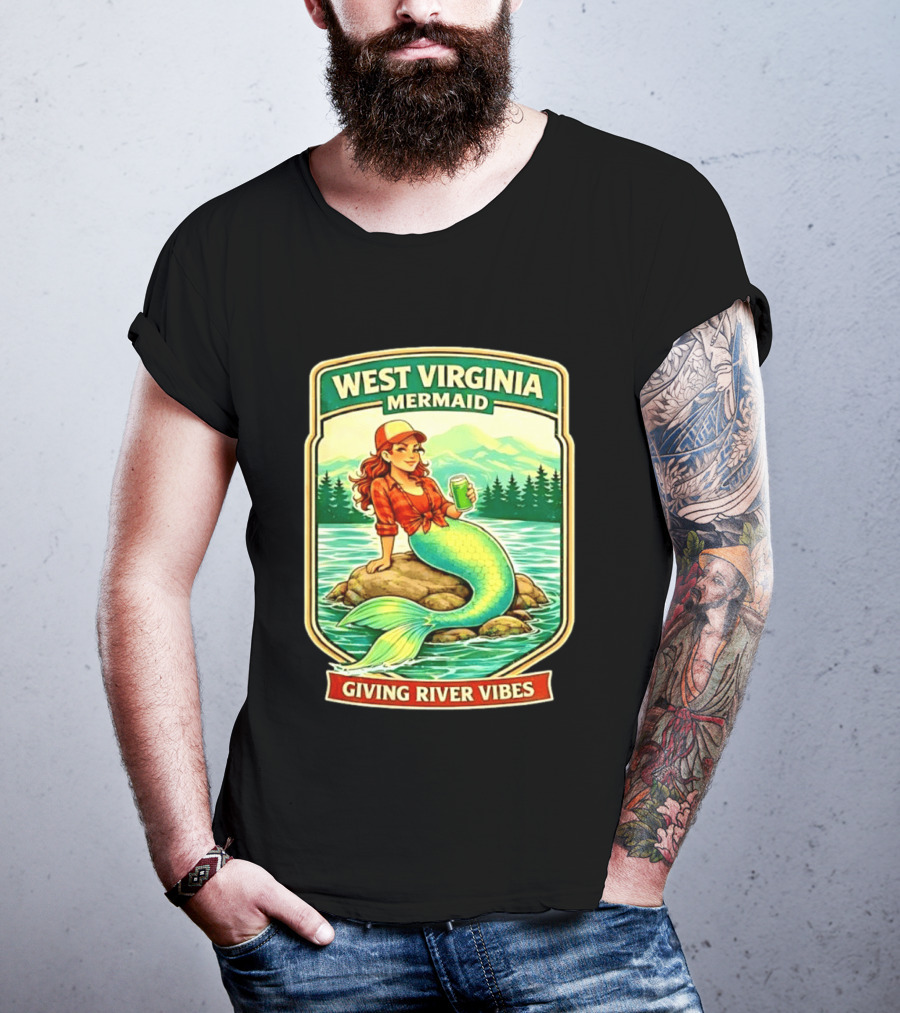 West Virginia Mermaid Giving River Vibes Green Tail Red Hat T-Shirt