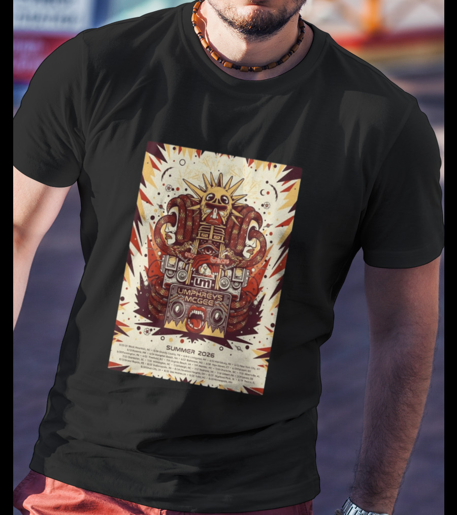Umphrey's McGee Summer 2026 Tour Dates With Unique Symbolic Artwork And Sun Motif T-Shirt