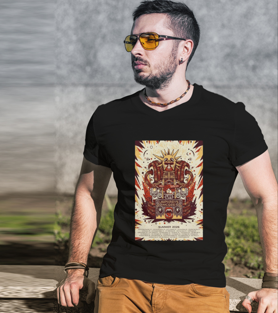 Umphrey's McGee Summer 2026 Tour Dates With Unique Symbolic Artwork And Sun Motif T-Shirt